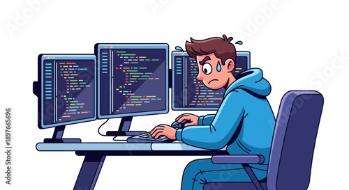 Programmer works diligently on multiple computer screens displaying complex code, exhibiting signs of stress and intense focus at an office desk.