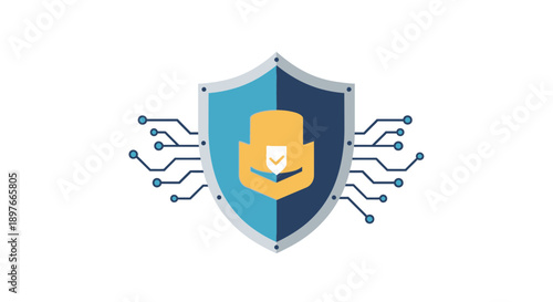 Security shield icon featuring a golden verification badge with a checkmark, surrounded by digital circuit board elements, symbolizes data protection and online safety.