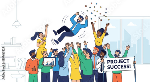 Diverse business team celebrates a major project success by joyfully tossing a colleague into the air, surrounded by confetti and a 'PROJECT SUCCESS!' sign.