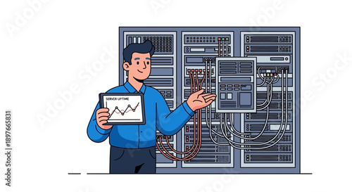 Technology expert stands beside server racks, holding a tablet displaying a performance graph, representing data management and system optimization.