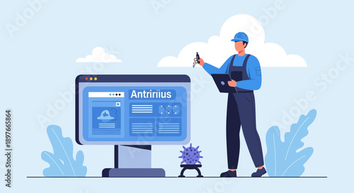 Technician wearing a uniform and cap works on cybersecurity, inspecting a computer monitor displaying an antivirus program with a stylized virus icon nearby on a light blue background.
