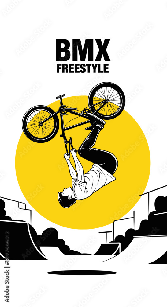 Fototapeta premium BMX Freestyle Champion Demonstrates Aerial Trickery Over a Bright Yellow Sun Design