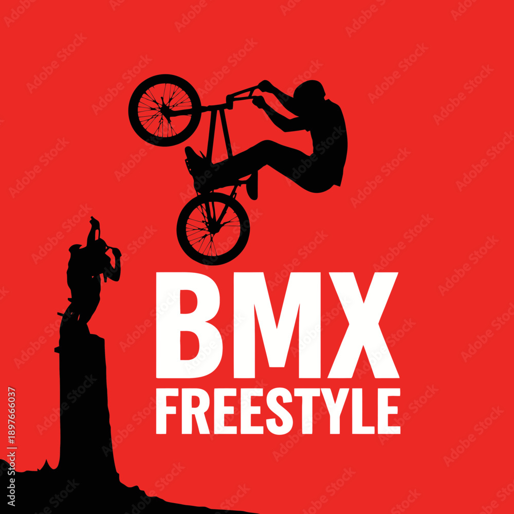 Obraz premium BMX Freestyle Silhouette: Dynamic Stunt Rider Performing Aerial Tricks On Red Background Design