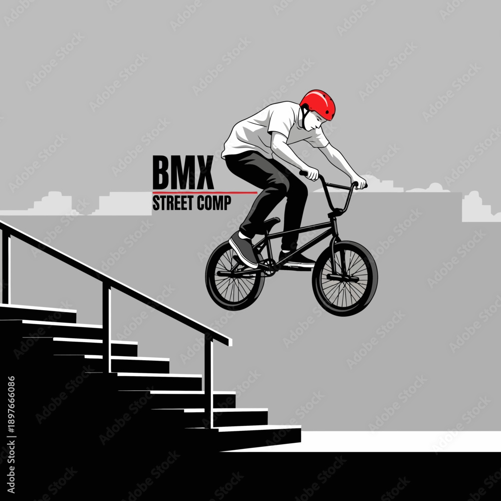 Obraz premium BMX Rider Executes Aerial Stunt Off Staircase in Urban Environment for Extreme Sport