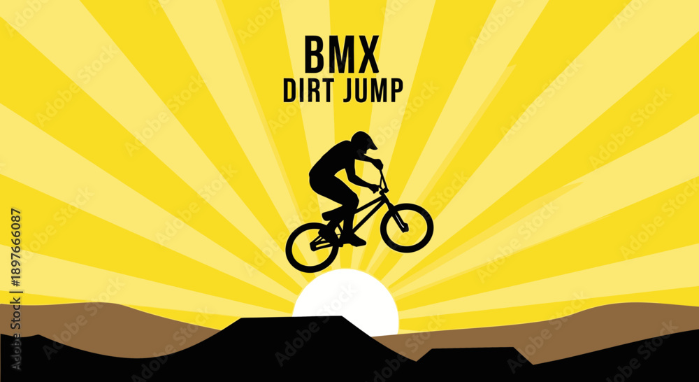 Fototapeta premium BMX Rider Performing Dirt Jump Against Bright Yellow Sunburst Background