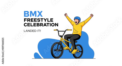 BMX Freestyle Rider Celebrates Successful Landing with Joy and Excitement on Bike