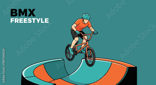 BMX Freestyle Rider Performing A Trick On A Ramp, Sporty Illustration, Creative Design