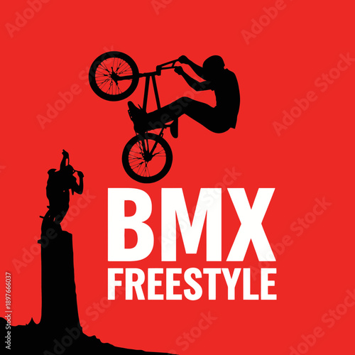 BMX Freestyle Silhouette: Dynamic Stunt Rider Performing Aerial Tricks On Red Background Design