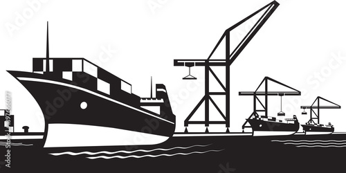 Cargo ship departs from industrial port - vector illustration