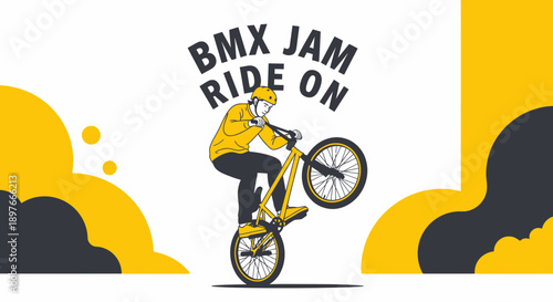 Bold Bmx Rider Performs Wheelie With Dynamic Abstract Background Illustration