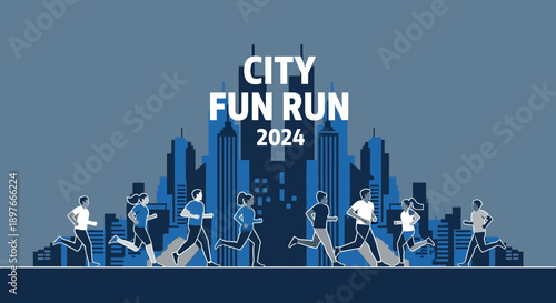 City Fun Run 2024 Marathon Athletes Sprinting Through Urban Skyline Silhouette