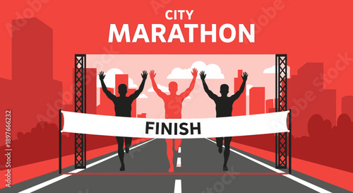 City Marathon Runners Crossing Finish Line With Arms Raised In Triumph and Celebration