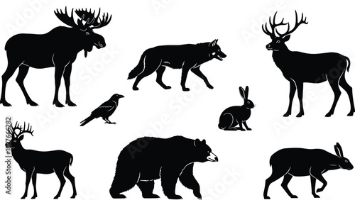 Forest wildlife silhouette set with moose, deer, wolf, bear, rabbit and raven, woodland animal collection for nature design, hunting logo vector