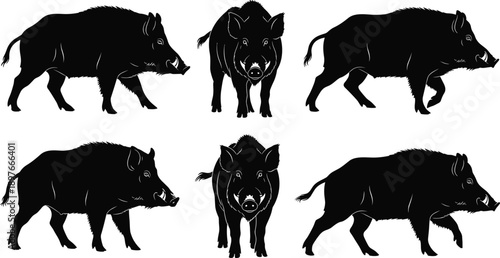 Set of wild boar silhouettes featuring realistic pig shapes in multiple poses, ideal for hunting brands, wildlife graphics, emblems, and vector design use
