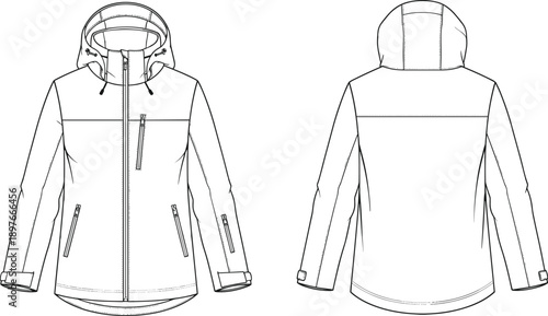 Technical fashion flat sketch of a women's white hooded winter jacket with zipper pockets, adjustable cuffs, and outdoor performance design
