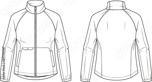 Technical fashion flat sketch of a women's white athletic zip-up jacket with raglan sleeves, stand collar, and front flap pocket