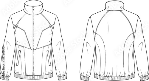 Technical fashion flat sketch of a women's zip-up track jacket with raglan sleeves, stand collar, and elasticated hem for design