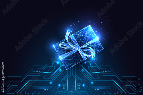 Glowing digital gift box over circuit board, AI reward, digital economy and tech surprise vector