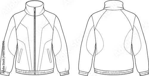 Technical fashion flat sketch of a women's white zip-up athletic jacket with raglan sleeves, stand collar, and side pockets design