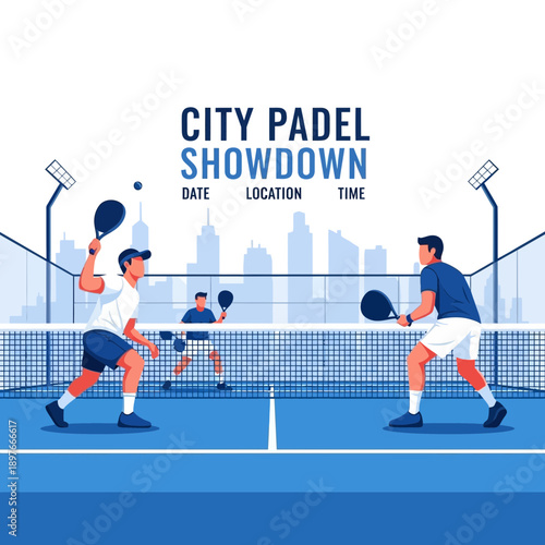 City Padel Showdown Dynamic Sports Illustration With Urban Skyline Background