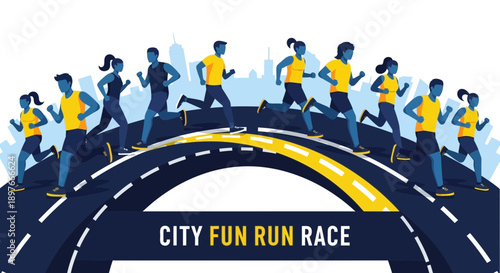 City Race Participants Jogging on Roadway, Modern Design Featuring Runners and Buildings