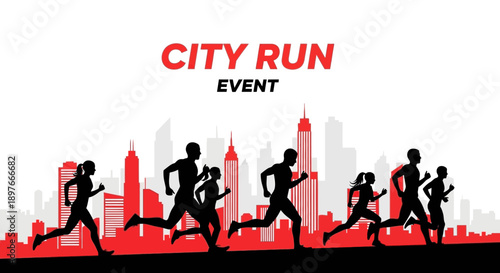 City Run Event Silhouette: Urban Marathon Illustration Depicting Runners In Silhouette