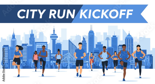 City Run Kickoff Event Featuring Diverse People In Front Of A Urban Cityscape