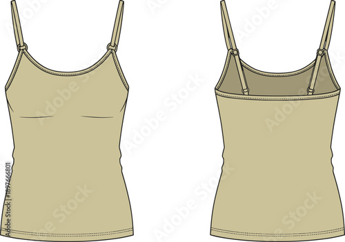 Women's beige camisole top, technical fashion illustration, front and back view, vector flat sketch, adjustable straps, lingerie design mockup template