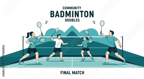 Community Badminton Doubles Final Match Depicted With Dynamic Figures and Playful Visuals