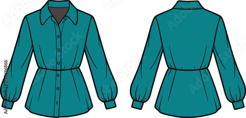 Women's blouse fashion illustration, puff sleeve shirt design, front and back view, technical drawing, apparel template, garment sketch, vector style