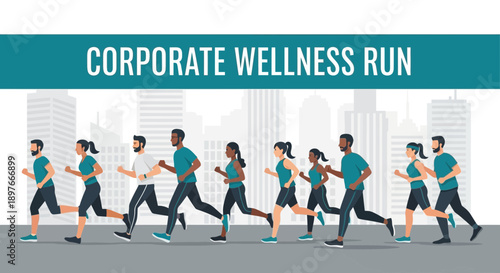 Corporate Wellness Run: Diverse Group Of People Exercising For Health And Fitness