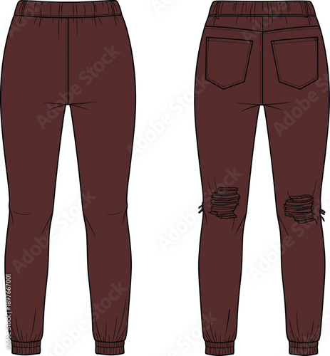 Women's dark brown joggers technical fashion illustration, front and back view, vector flat sketch, distressed sweatpants, elastic waist mockup