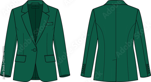 Women's dark green blazer technical fashion illustration, front and back view, vector flat sketch, single breasted suit jacket, notch lapel design