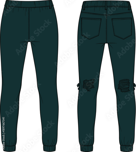 Women's dark green joggers technical fashion illustration, front and back view, vector flat sketch, distressed sweatpants, elastic waist mockup