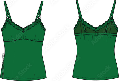 Women's green camisole top, technical fashion illustration, lace trim, front and back view, vector flat sketch, lingerie design mockup template