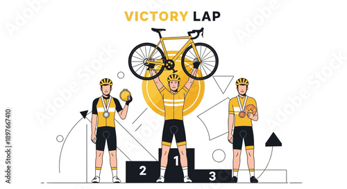 Cycling Champions Celebrating Victory On Podium With Medals And Bicycle