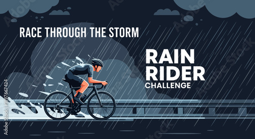 Cyclist Battling Intense Rain During a Challenging Race
