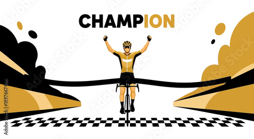 Cyclist Celebrates Victory Crossing Finish Line
