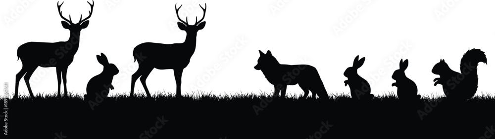 Naklejka premium Woodland animal silhouettes, forest wildlife illustration, deer fox rabbit squirrel, nature scene, black silhouette art, wildlife clipart, forest creatures vector