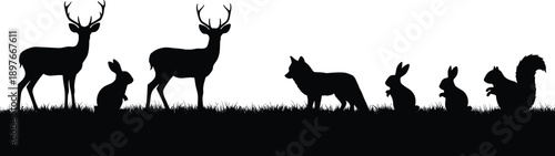 Woodland animal silhouettes, forest wildlife illustration, deer fox rabbit squirrel, nature scene, black silhouette art, wildlife clipart, forest creatures vector