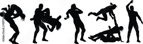Wrestling silhouette, grappling pose, martial arts move, combat training, takedown technique, sports illustration, black figures, dynamic motion, athlete action