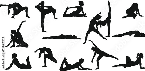 Yoga silhouette collection, diverse poses, flexibility, balance, wellness, fitness, meditation, stretching, body strength, peaceful practice, healthy lifestyle, calm energy