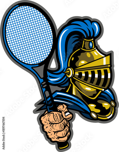 knights mascot holding tennis racket for school, college or league sports