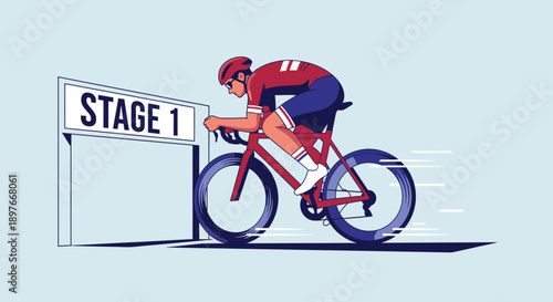 Cyclist in Stage One of a Race Depicted with Bold Colors and Modern Graphic Design