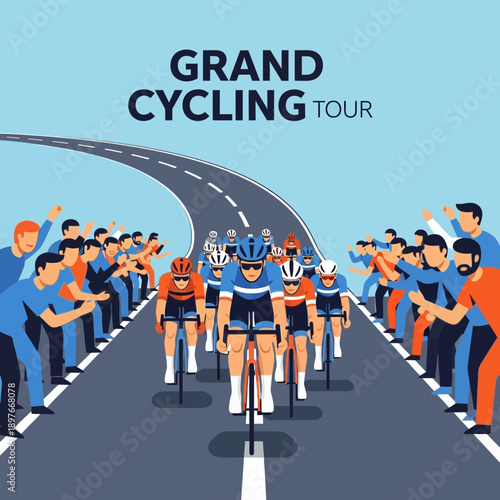 Cyclists Compete In The Grand Cycling Tour Amidst Cheering Spectators And Winding Road