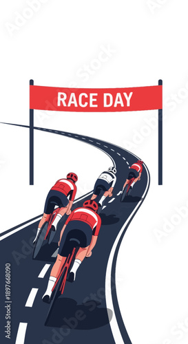 Cyclists Compete Under Race Day Banner On Winding Asphalt Track