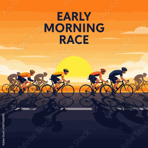 Cyclists Competing During Sunrise in a High-Stakes Early Morning Bicycle Race at Dawn