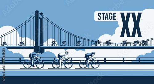 Cyclists Competing During Race Stage, Crossing A Large Bridge Under Blue Sky Scenery
