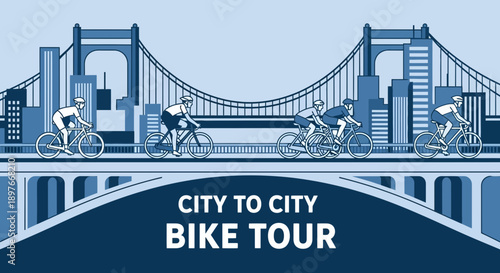 Cyclists Exploring a Cityscape During a Scenic Bicycle Tour Crossing a Bridge