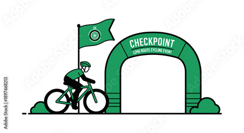 Cyclist Reaching Checkpoint In Long Route Event, Illustrated Green Bike Race Design